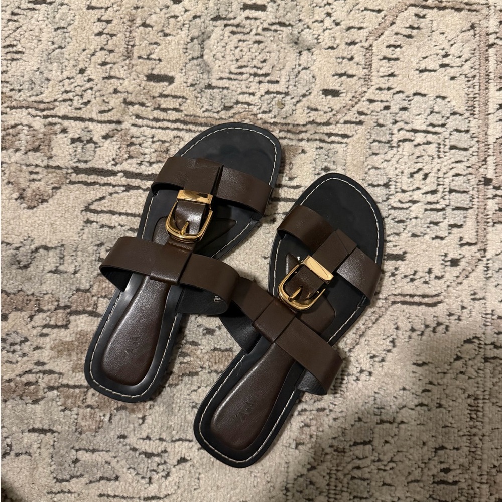 Zara Brown Leather Slide Sandals with Gold Buckle